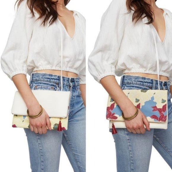 Rachel Pally Foldover Blue Yellow Floral Canvas Faux Leather Clutch - Picture 7 of 12